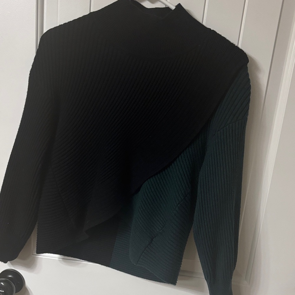 Express Two-Tone Ribbed Mock Neck Sweater - Black & Dark Green
